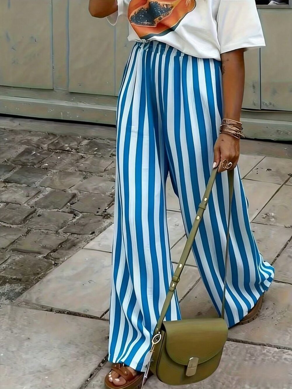 White Casual Women's Striped Woven Wide Leg Beach Pants - Picture 3 of 5